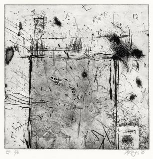 Lars Pryds (f. 1962): Fra "Holbæk-suiten", 1985. Ætsning og kodnål i zink, ca. 25 x 25 cm.
