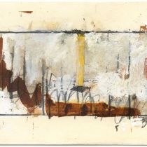 LarsPryds: Berlin-skitse #16
, 2019. Tusch, blyant, acryl og collage på papir, 13,8 x 21,2 cm.  Foto: Lars Pryds