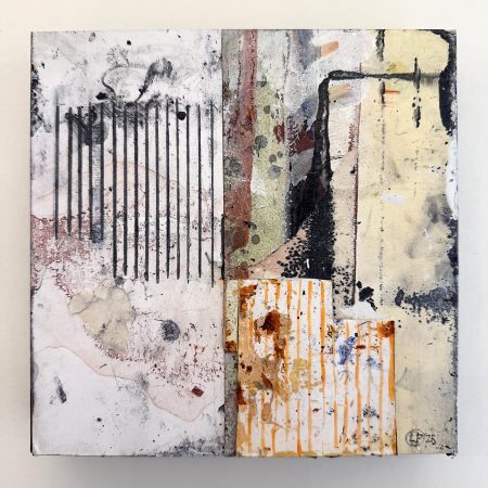 Lars Pryds: "Forskydninger #1", 2025. Acryl, spraymaling, blyant og collage på pap, 20 x 20 cm. Foto: Lars Pryds