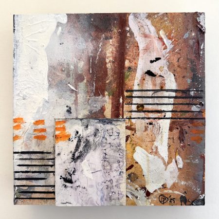 Lars Pryds: "Forskydninger #2", 2025. Acryl, spraymaling, blyant og collage på pap, 20 x 20 cm. Foto: Lars Pryds