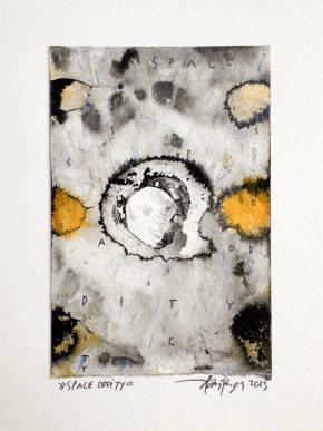 Lars Pryds: Fra serien "Space Oddity", 2023. Tusch, blyant og shellak på papir, ca 15 x 10 cm. Foto: Lars Pryds
